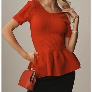 🟠NWT MAEVE by ANTHROPOLOGIE Short-Sleeve Peplum Sweater in Red SMALL